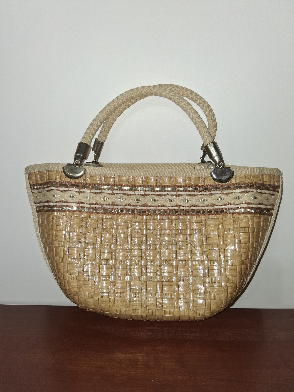 Woven Vintage Straw Wicker Laminated Tote  Handbag in Beige with Rope Handles